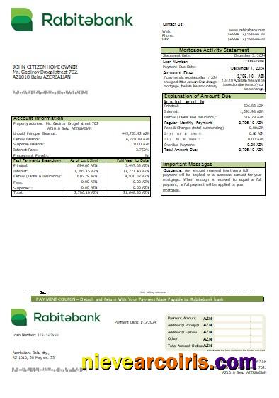 Azerbaijan Rabitebank bank mortgage statement